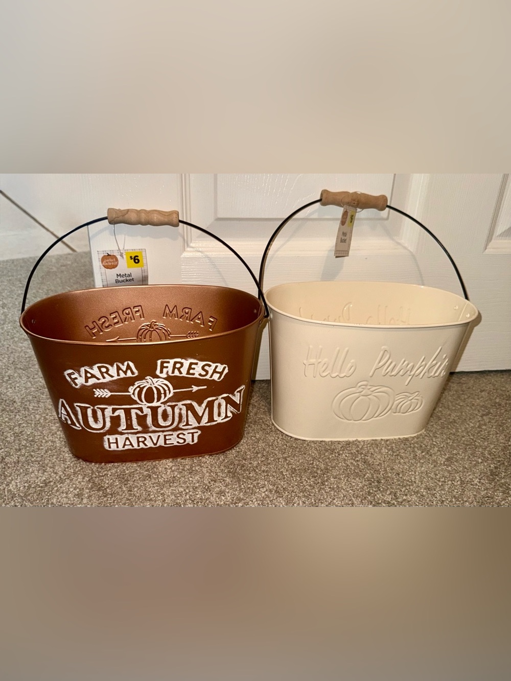 NWT- Perfect Harvest Fall Metal Bucket Set of 2 – Farmhouse Pumpkin Autumn Décor